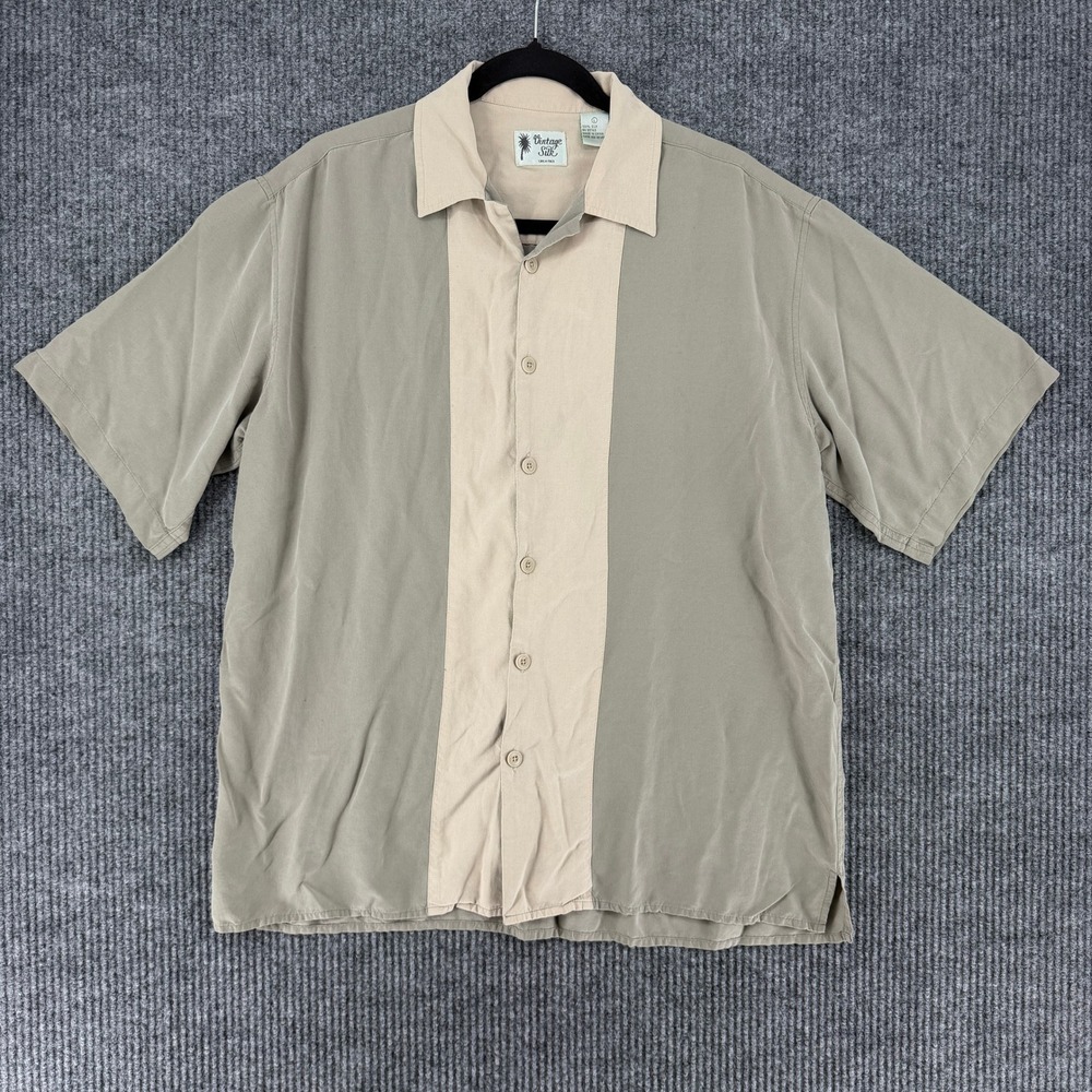 Vintage Silk Circa 1969 Mens Large 100% Silk Two Tone Color Block Camp Shirt Tan